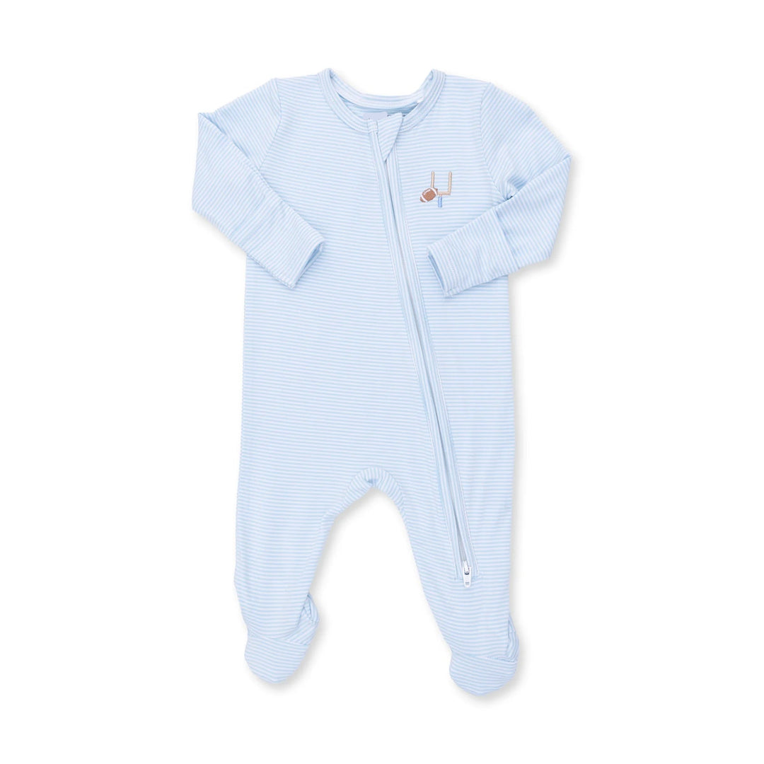 Angel Dear Football Blue Micro Stripe 2-way Zipper Footie alternate view of the baby footie showing the football blue micro stripe 2-way design and coordinating trim
