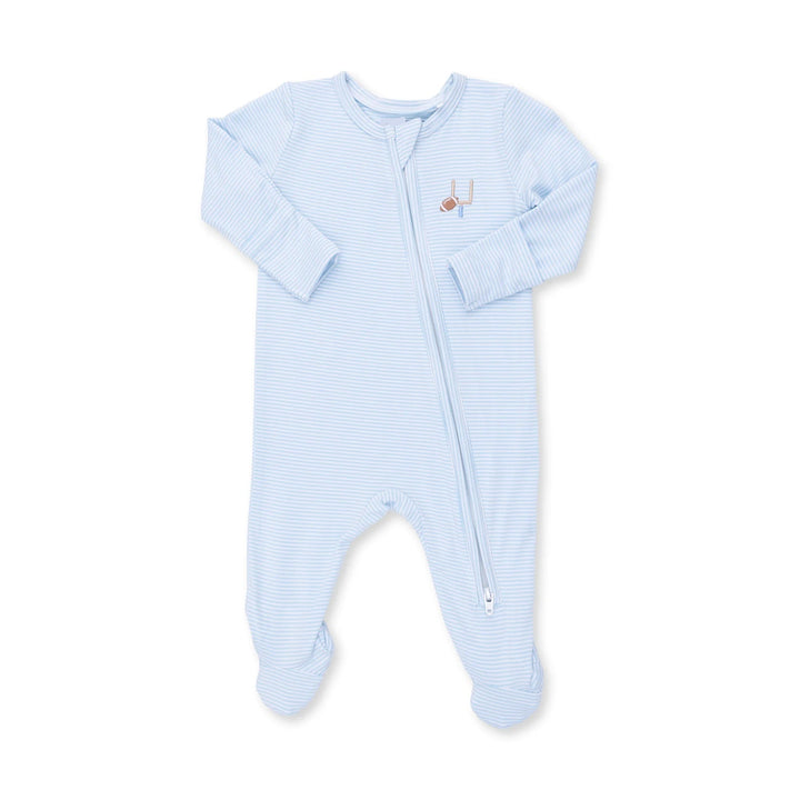 Angel Dear Football Blue Micro Stripe 2-way Zipper Footie alternate view of the baby footie showing the football blue micro stripe 2-way design and coordinating trim