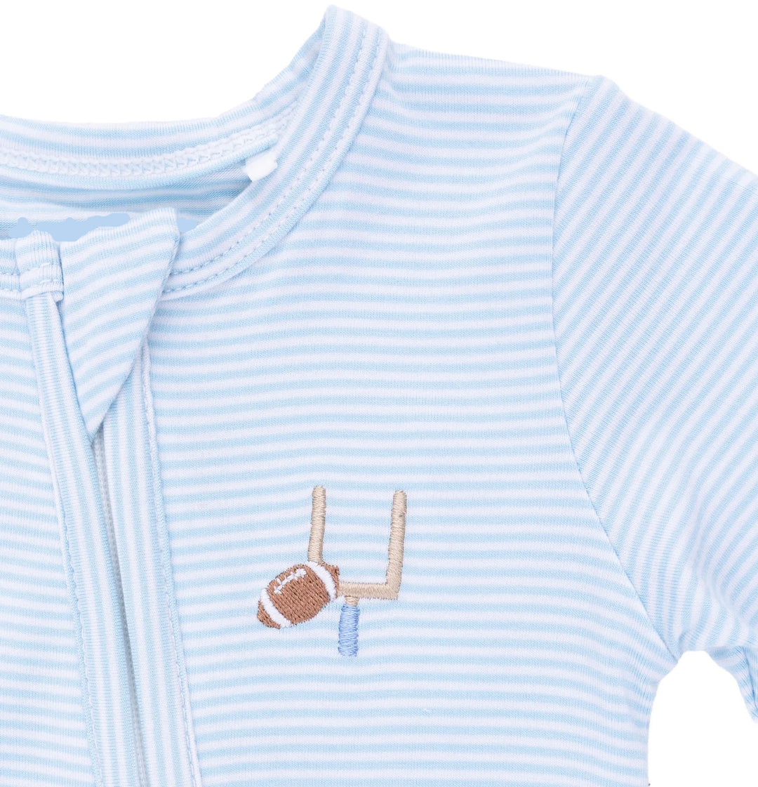 Angel Dear Football Blue Micro Stripe 2-way Zipper Footie additional styling view of the baby footie with the football blue micro stripe 2-way design