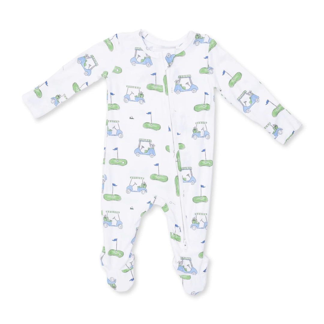 Angel Dear Golf Carts Blue 2-way Zipper Footie front view of the baby footie highlighting the silhouette and golf carts blue 2-way design