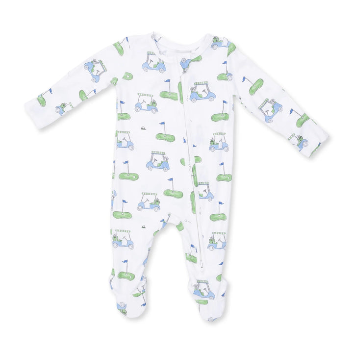 Angel Dear Golf Carts Blue 2-way Zipper Footie front view of the baby footie highlighting the silhouette and golf carts blue 2-way design