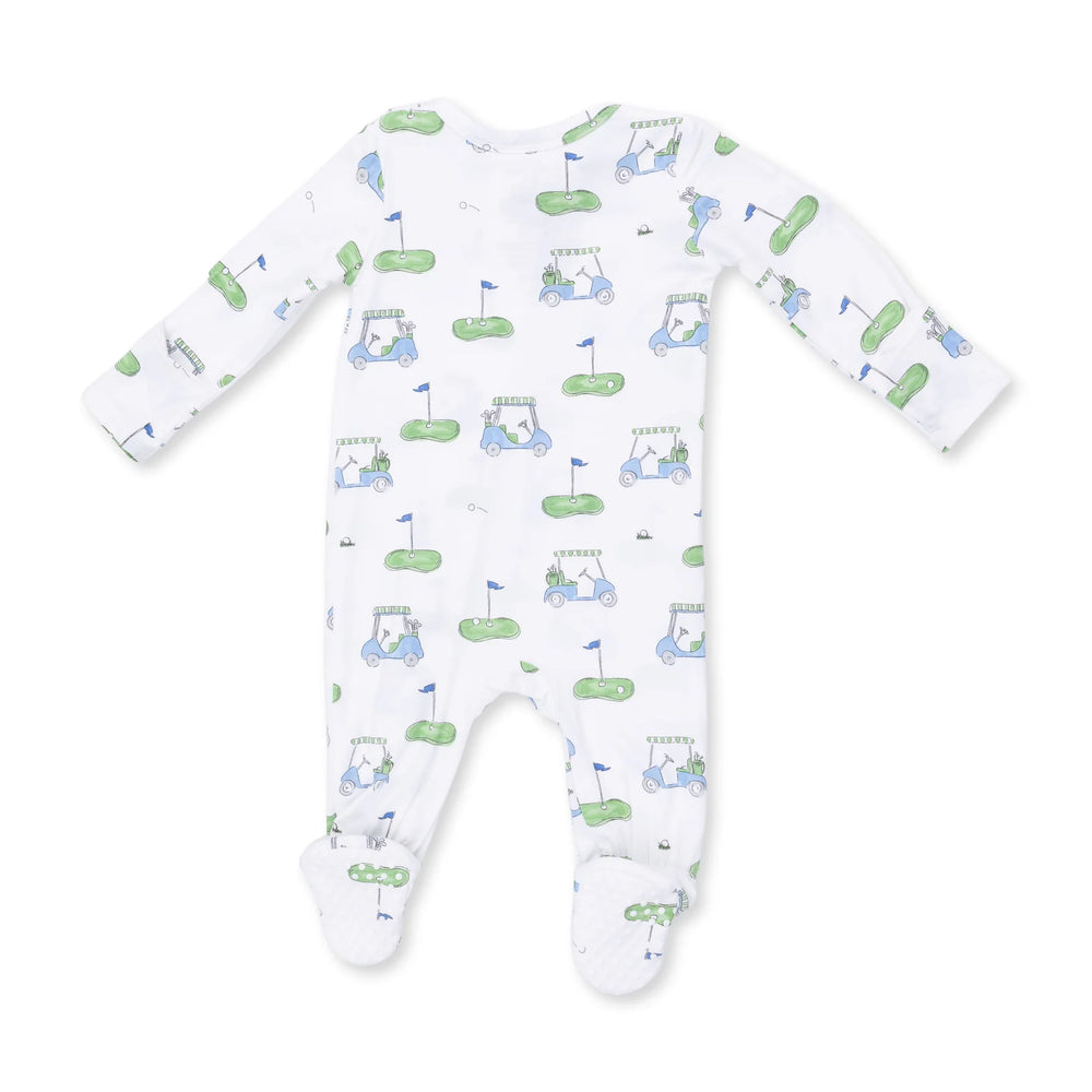 Angel Dear Golf Carts Blue 2-way Zipper Footie alternate view of the baby footie showing the golf carts blue 2-way design and coordinating trim