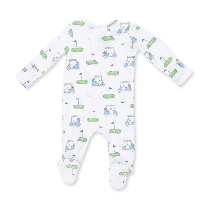 Angel Dear Golf Carts Blue 2-way Zipper Footie alternate view of the baby footie showing the golf carts blue 2-way design and coordinating trim