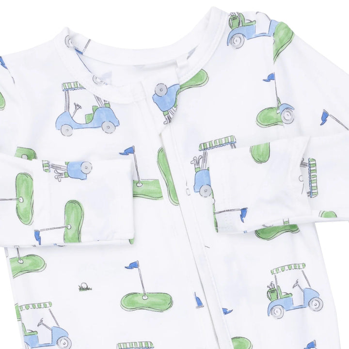 Angel Dear Golf Carts Blue 2-way Zipper Footie close-up of the baby footie highlighting the print, closures, and finishing details