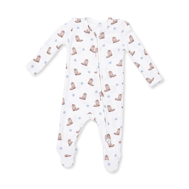 Angel Dear Mini Cowboy Boots 2-way Zipper Footie front view of the baby footie highlighting the silhouette and mini cowboy boots 2-way design