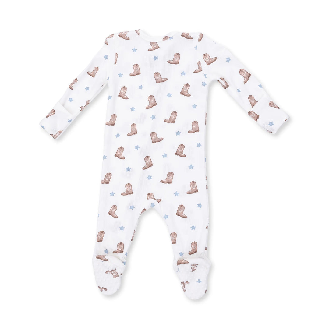 Angel Dear Mini Cowboy Boots 2-way Zipper Footie alternate view of the baby footie showing the mini cowboy boots 2-way design and coordinating trim
