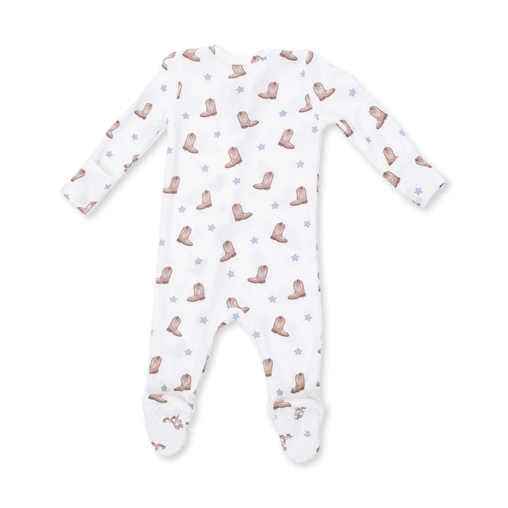 Angel Dear Mini Cowboy Boots 2-way Zipper Footie alternate view of the baby footie showing the mini cowboy boots 2-way design and coordinating trim