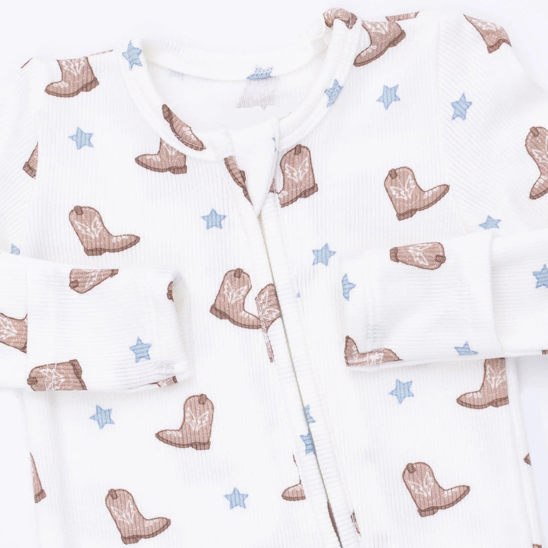 Angel Dear Mini Cowboy Boots 2-way Zipper Footie close-up of the baby footie highlighting the print, closures, and finishing details