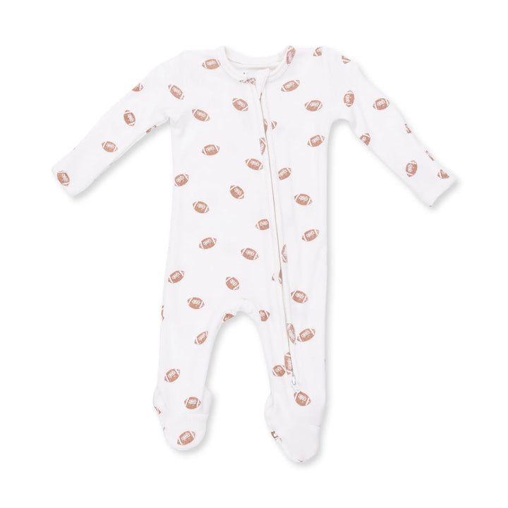 Angel Dear Mini Footballs 2-way Zipper Footie front view of the baby footie highlighting the silhouette and mini footballs 2-way design