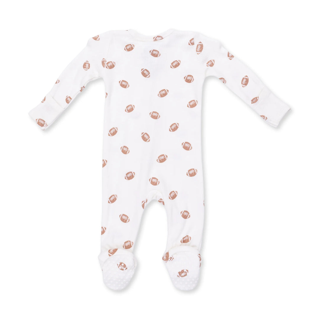 Angel Dear Mini Footballs 2-way Zipper Footie alternate view of the baby footie showing the mini footballs 2-way design and coordinating trim