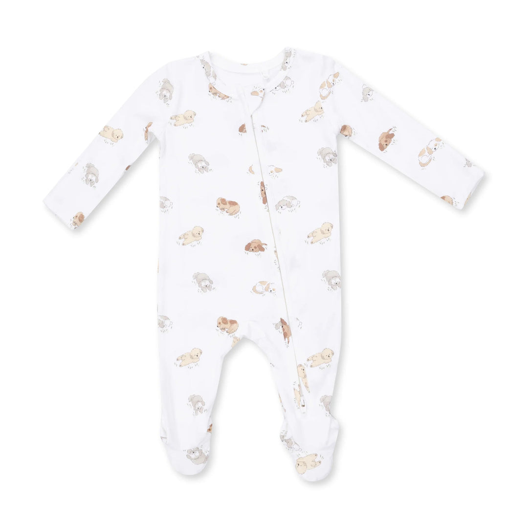 Angel Dear Puppy Snuggle Club 2-way Zipper Footie front view of the baby footie highlighting the silhouette and puppy snuggle club 2-way design