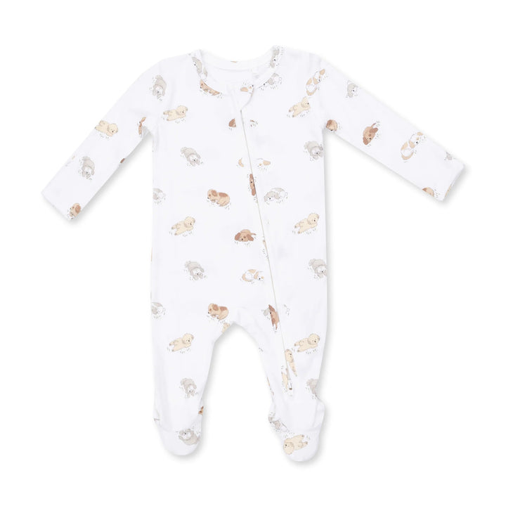 Angel Dear Puppy Snuggle Club 2-way Zipper Footie front view of the baby footie highlighting the silhouette and puppy snuggle club 2-way design