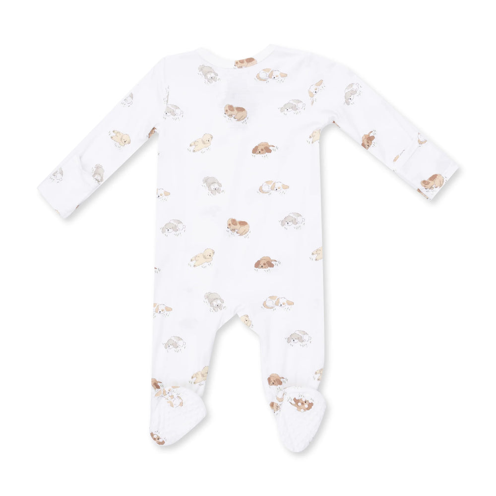 Angel Dear Puppy Snuggle Club 2-way Zipper Footie alternate view of the baby footie showing the puppy snuggle club 2-way design and coordinating trim