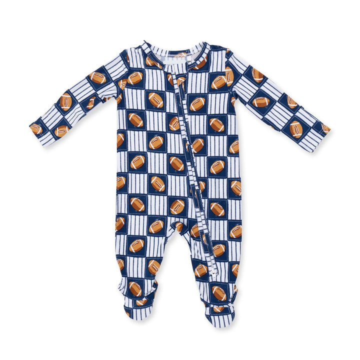 Angel Dear Football Patchwork 2-way Zipper Footie front view of the baby footie highlighting the silhouette and football patchwork 2-way design
