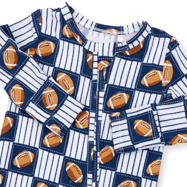 Angel Dear Football Patchwork 2-way Zipper Footie alternate view of the baby footie showing the football patchwork 2-way design and coordinating trim