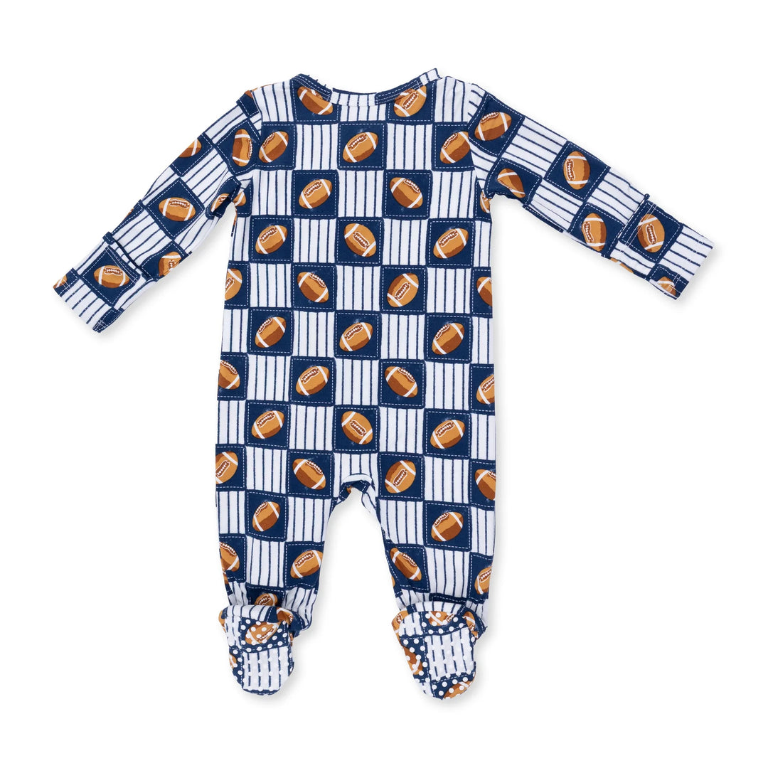 Angel Dear Football Patchwork 2-way Zipper Footie close-up of the baby footie highlighting the print, closures, and finishing details