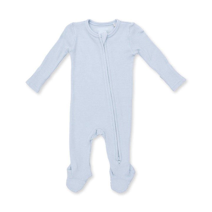 Angel Dear Solid Baby Blue 2-way Zipper Footie front view of the baby footie highlighting the silhouette and baby blue 2-way design