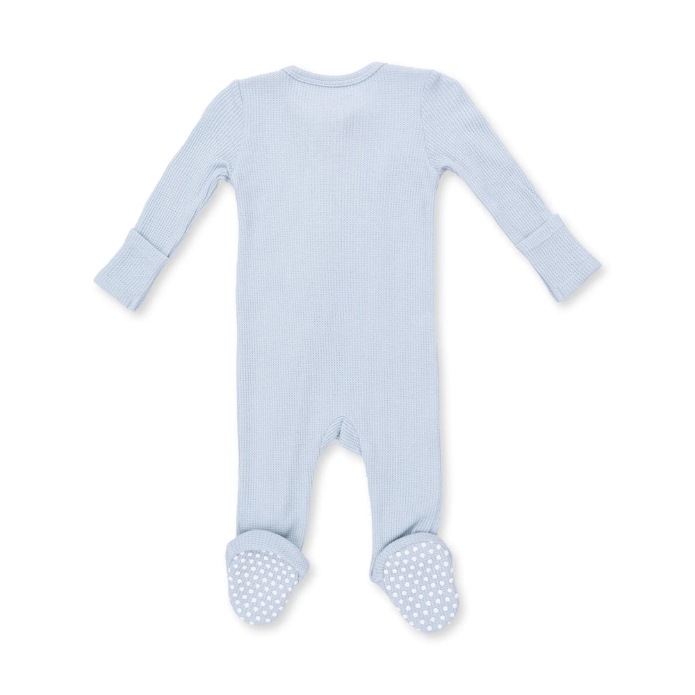 Angel Dear Solid Baby Blue 2-way Zipper Footie alternate view of the baby footie showing the baby blue 2-way design and coordinating trim
