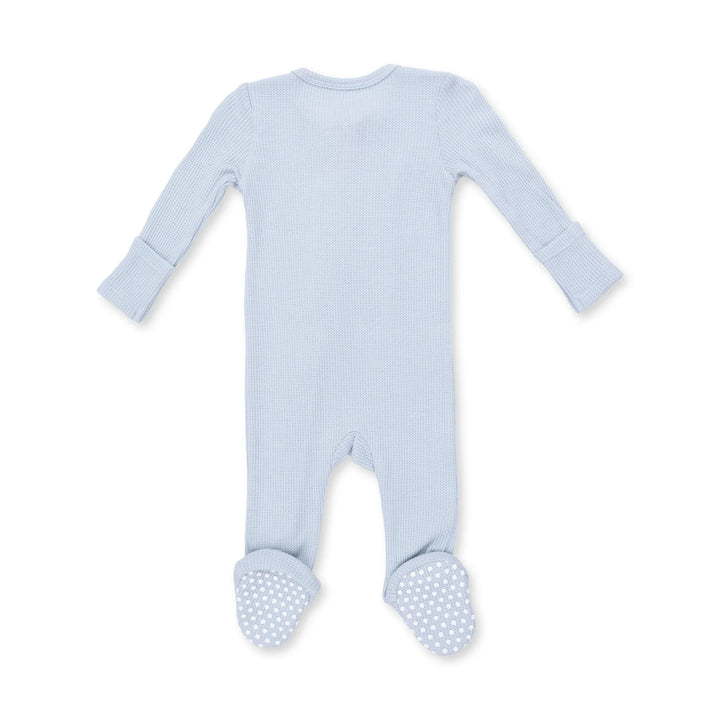 Angel Dear Solid Baby Blue 2-way Zipper Footie alternate view of the baby footie showing the baby blue 2-way design and coordinating trim
