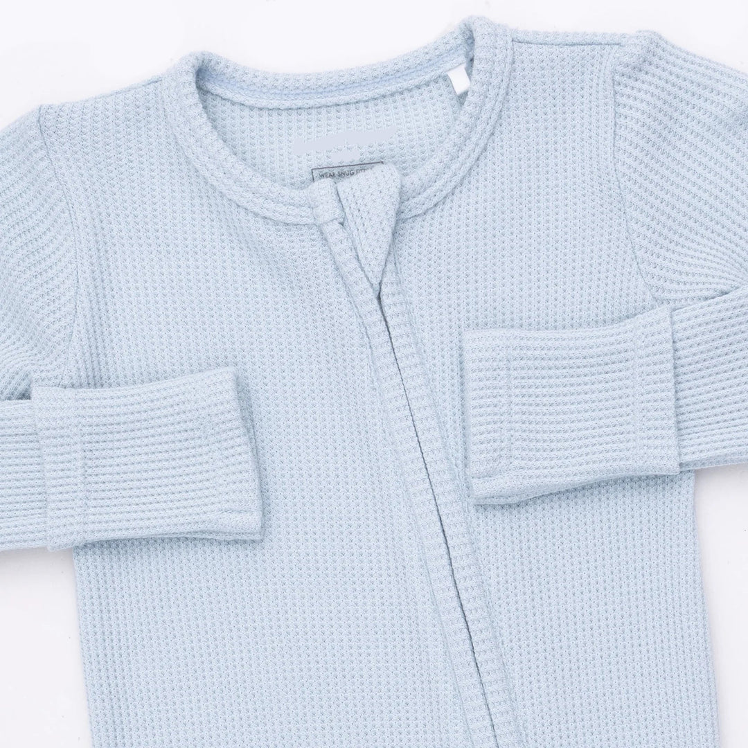 Angel Dear Solid Baby Blue 2-way Zipper Footie close-up of the baby footie highlighting the print, closures, and finishing details
