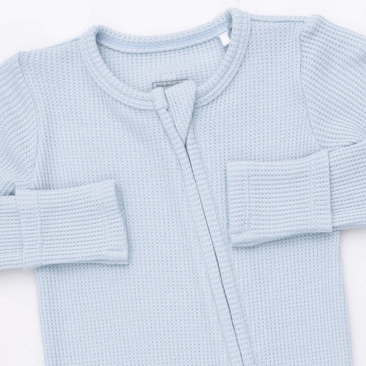 Angel Dear Solid Baby Blue 2-way Zipper Footie close-up of the baby footie highlighting the print, closures, and finishing details