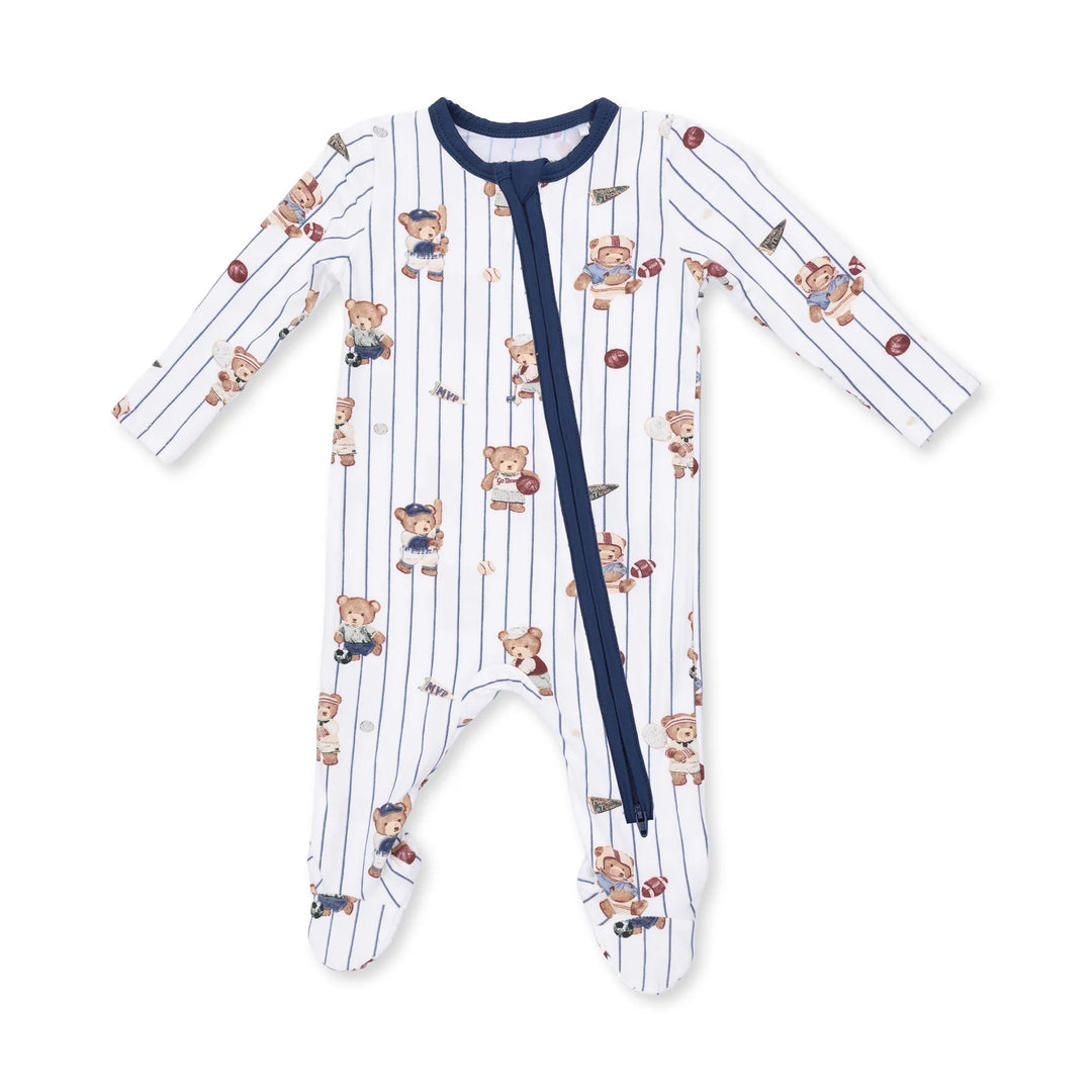 Angel Dear Mixed Sports Bears 2-way Zipper Footie front view of the baby footie highlighting the silhouette and mixed sports bears 2-way design