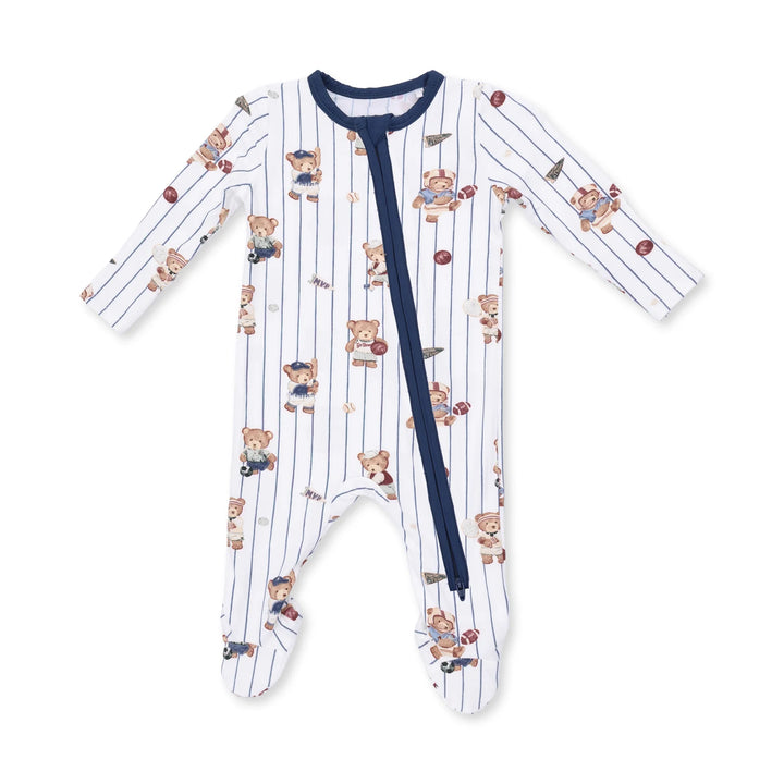 Angel Dear Mixed Sports Bears 2-way Zipper Footie front view of the baby footie highlighting the silhouette and mixed sports bears 2-way design