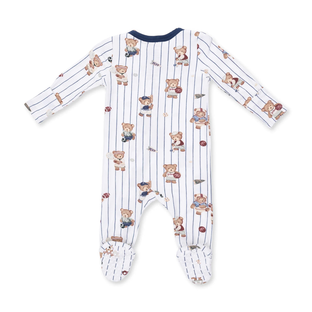 Angel Dear Mixed Sports Bears 2-way Zipper Footie alternate view of the baby footie showing the mixed sports bears 2-way design and coordinating trim