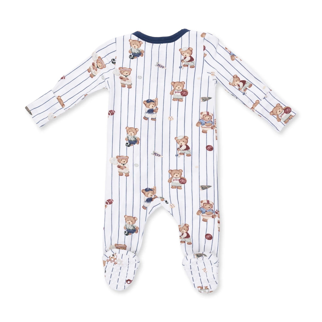 Angel Dear Mixed Sports Bears 2-way Zipper Footie alternate view of the baby footie showing the mixed sports bears 2-way design and coordinating trim