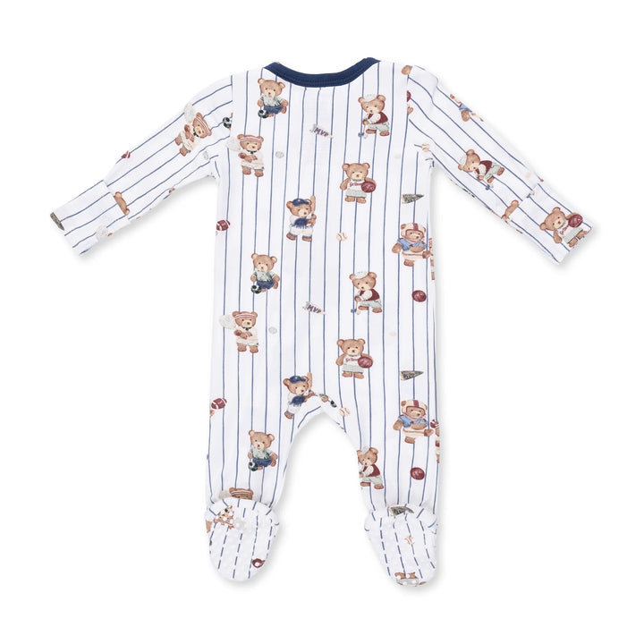Angel Dear Mixed Sports Bears 2-way Zipper Footie alternate view of the baby footie showing the mixed sports bears 2-way design and coordinating trim