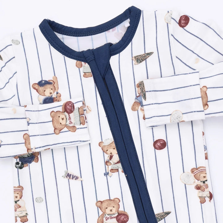 Angel Dear Mixed Sports Bears 2-way Zipper Footie close-up of the baby footie highlighting the print, closures, and finishing details