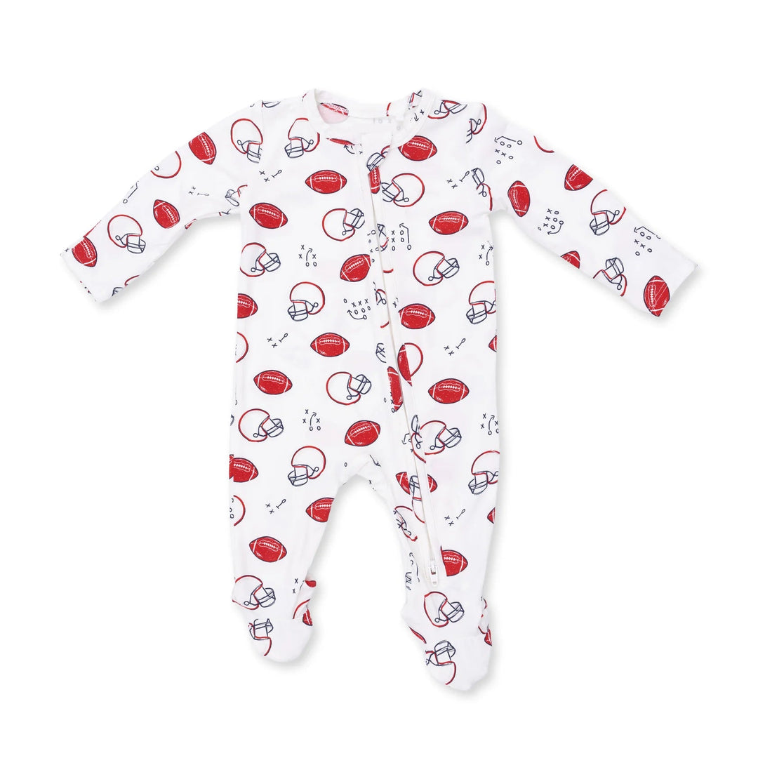 Angel Dear Touchdown Time 2-way Zipper Footie front view of the baby footie highlighting the silhouette and touchdown time 2-way design