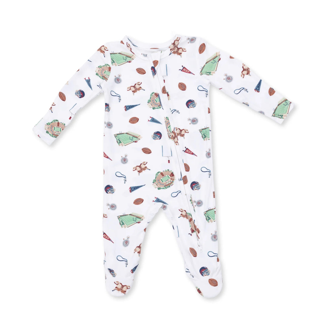 Angel Dear Vintage Football 2-way Zipper Footie front view of the baby footie highlighting the silhouette and vintage football 2-way design