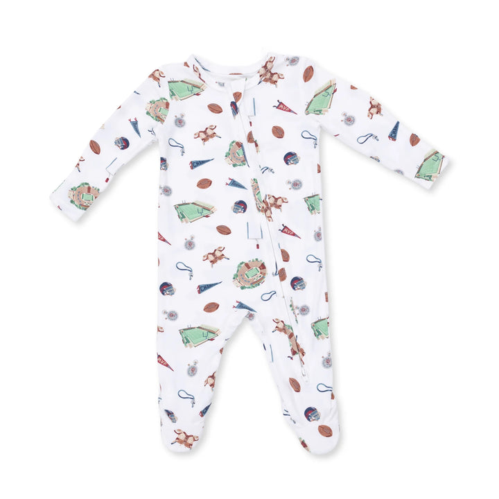 Angel Dear Vintage Football 2-way Zipper Footie front view of the baby footie highlighting the silhouette and vintage football 2-way design
