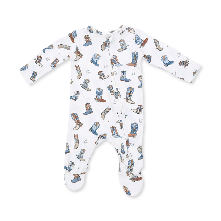 Angel Dear Buckaroo Boots 2-way Zipper Footie front view of the baby footie highlighting the silhouette and buckaroo boots 2-way design