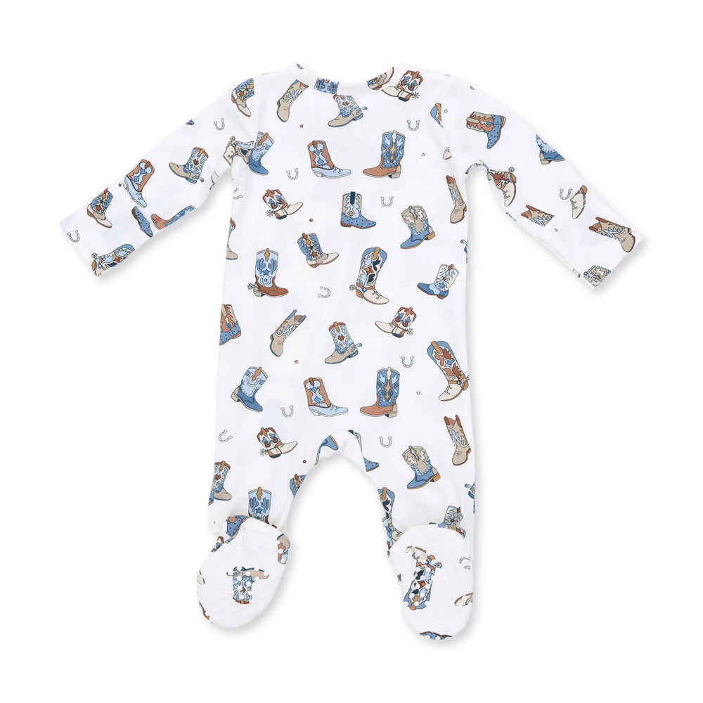 Angel Dear Buckaroo Boots 2-way Zipper Footie alternate view of the baby footie showing the buckaroo boots 2-way design and coordinating trim