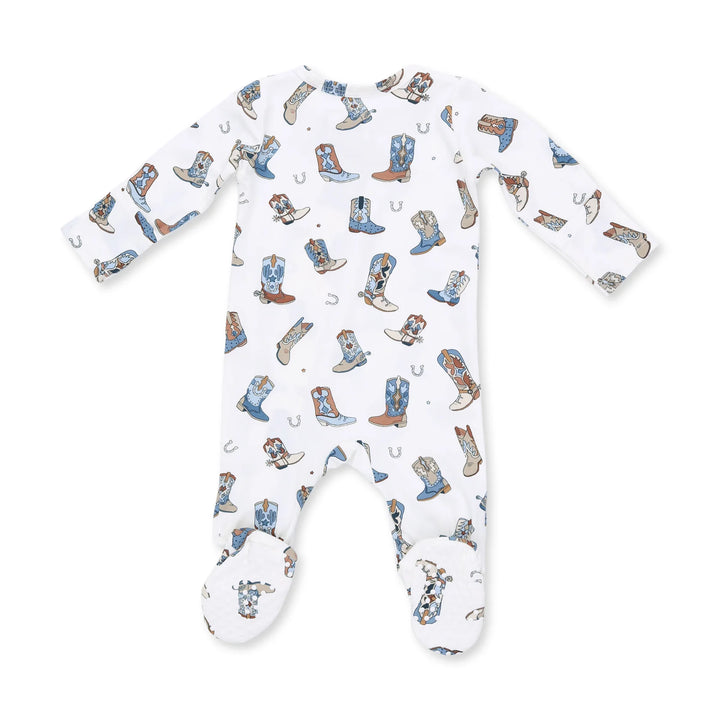 Angel Dear Buckaroo Boots 2-way Zipper Footie alternate view of the baby footie showing the buckaroo boots 2-way design and coordinating trim