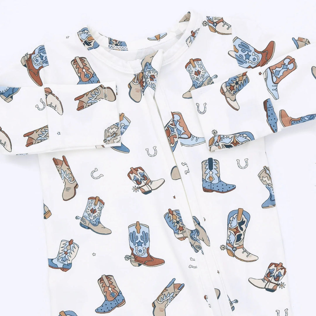 Angel Dear Buckaroo Boots 2-way Zipper Footie close-up of the baby footie highlighting the print, closures, and finishing details