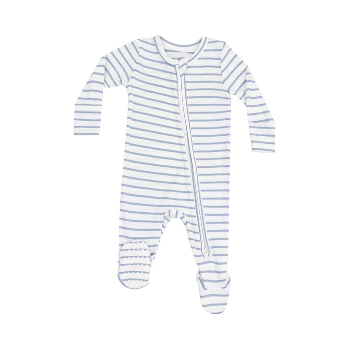 DUSTY BLUE FRENCH STRIPE ZIPPER FOOTIE