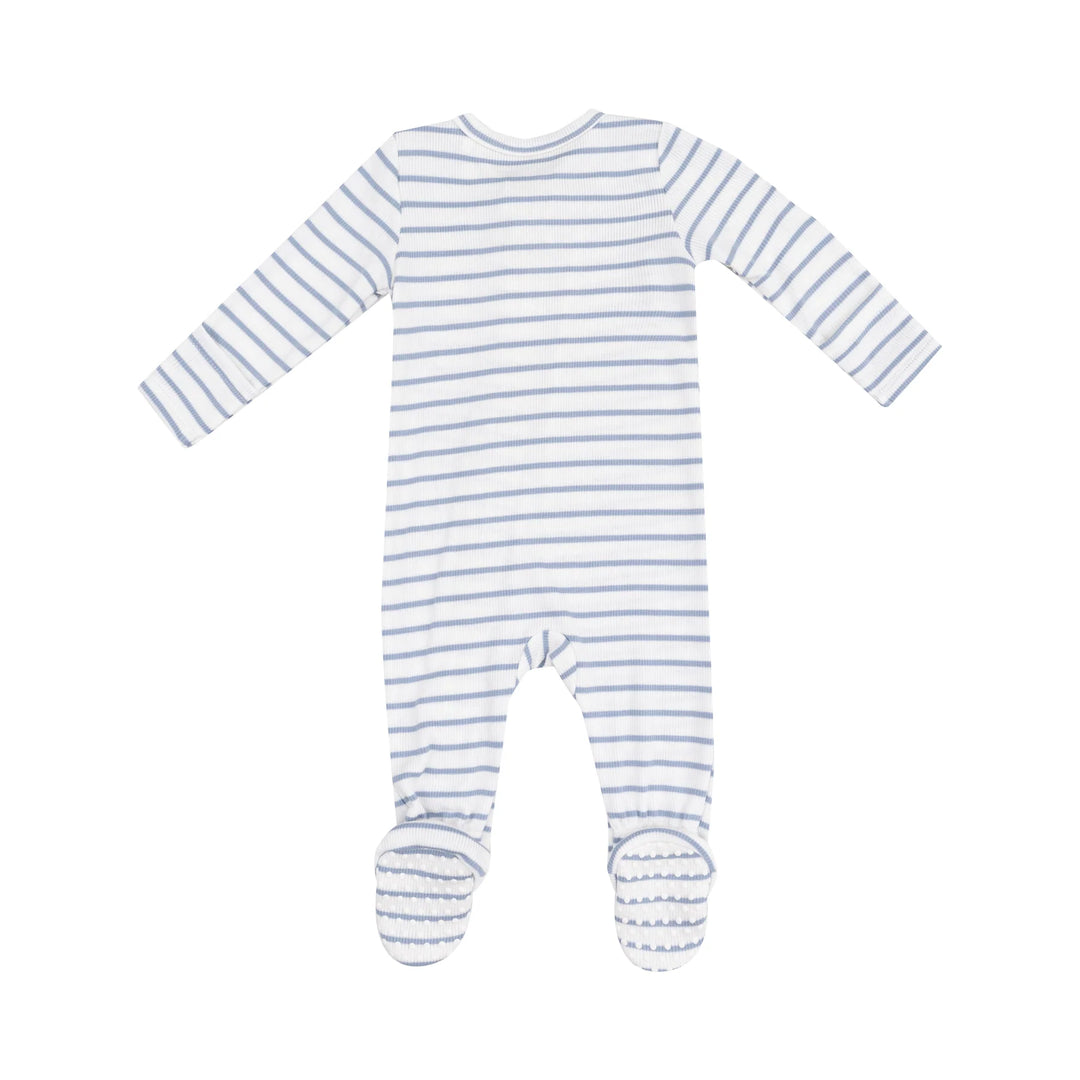 DUSTY BLUE FRENCH STRIPE ZIPPER FOOTIE