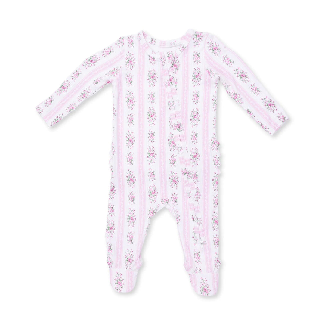 Angel Dear Bella Rose Stripe 2-way Ruffle Back Zipper Footie front view of the baby footie highlighting the silhouette and bella rose stripe 2-way design