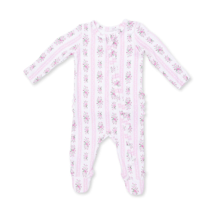 Angel Dear Bella Rose Stripe 2-way Ruffle Back Zipper Footie front view of the baby footie highlighting the silhouette and bella rose stripe 2-way design