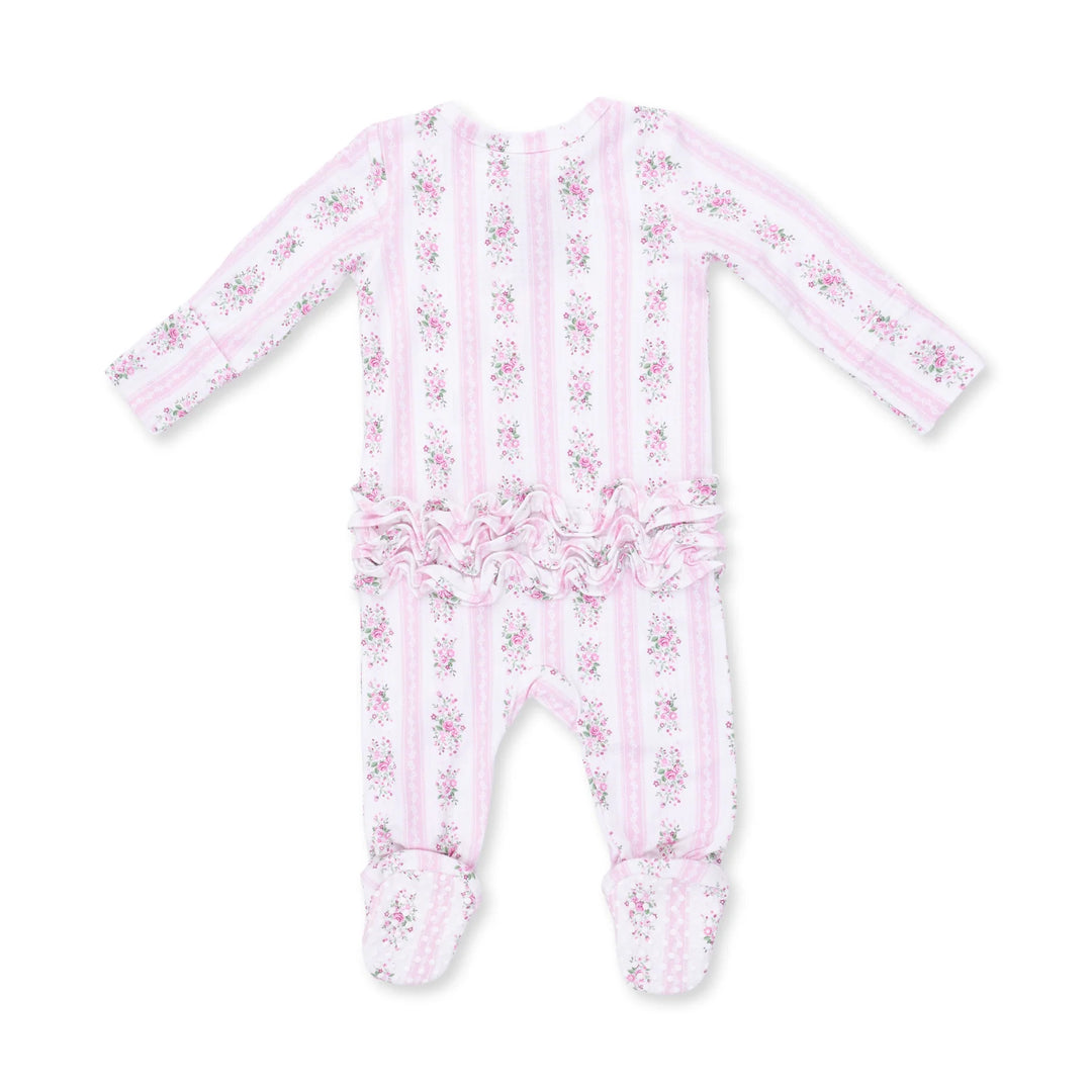 Angel Dear Bella Rose Stripe 2-way Ruffle Back Zipper Footie alternate view of the baby footie showing the bella rose stripe 2-way design and coordinating trim