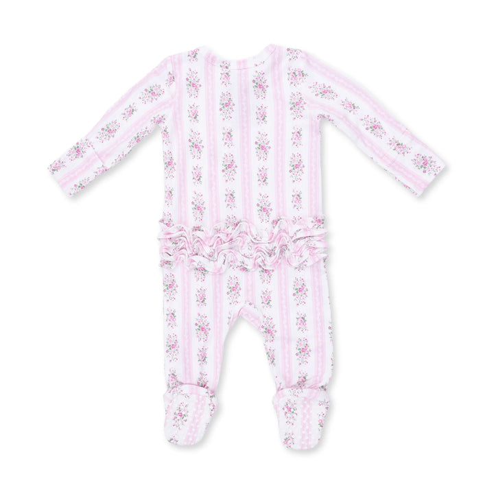 Angel Dear Bella Rose Stripe 2-way Ruffle Back Zipper Footie alternate view of the baby footie showing the bella rose stripe 2-way design and coordinating trim