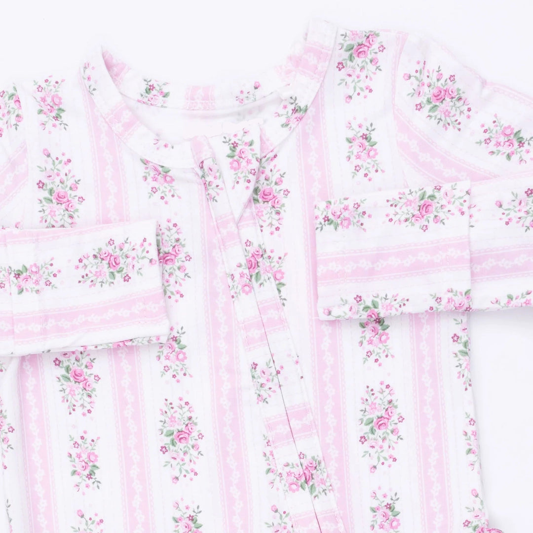 Angel Dear Bella Rose Stripe 2-way Ruffle Back Zipper Footie close-up of the baby footie highlighting the print, closures, and finishing details