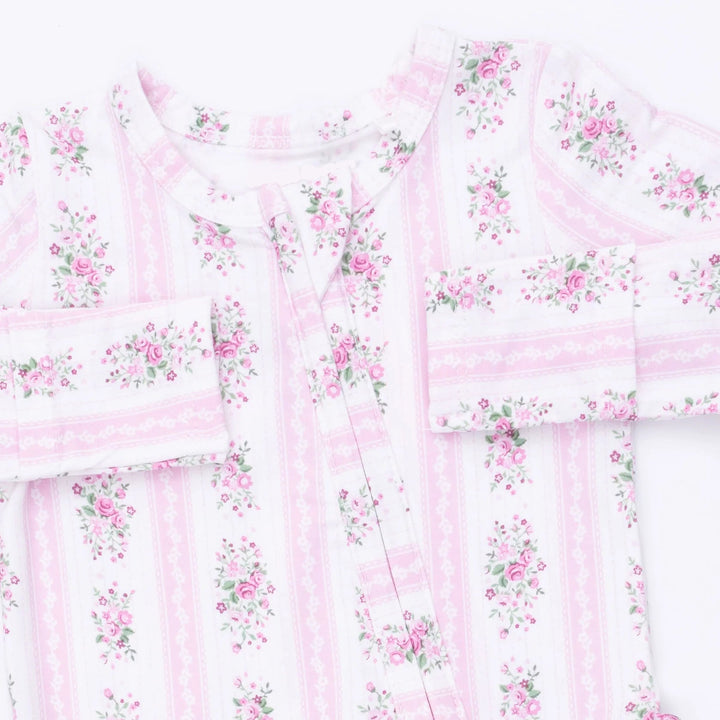 Angel Dear Bella Rose Stripe 2-way Ruffle Back Zipper Footie close-up of the baby footie highlighting the print, closures, and finishing details