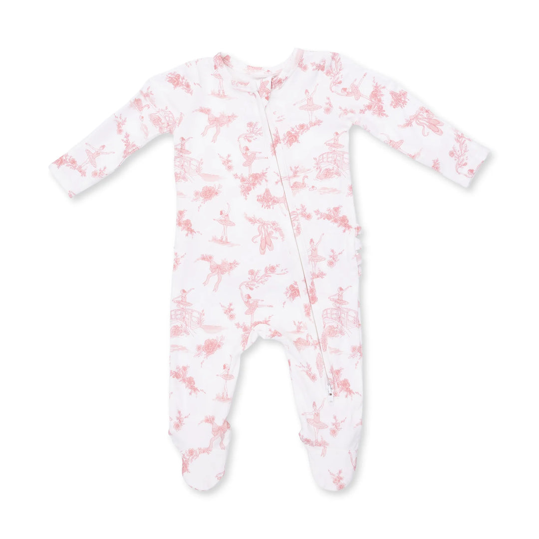 Angel Dear Ballet Toile 2-way Ruffle Back Zipper Footie front view of the baby footie highlighting the silhouette and ballet toile 2-way design