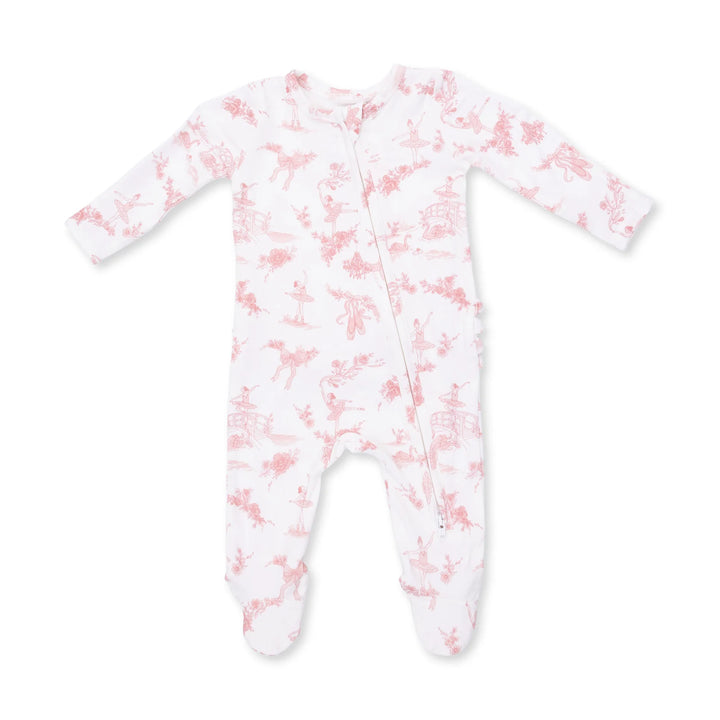 Angel Dear Ballet Toile 2-way Ruffle Back Zipper Footie front view of the baby footie highlighting the silhouette and ballet toile 2-way design