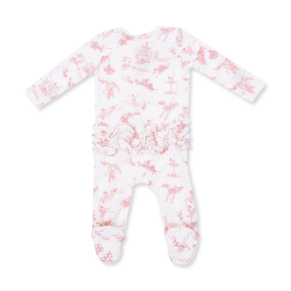 Angel Dear Ballet Toile 2-way Ruffle Back Zipper Footie alternate view of the baby footie showing the ballet toile 2-way design and coordinating trim