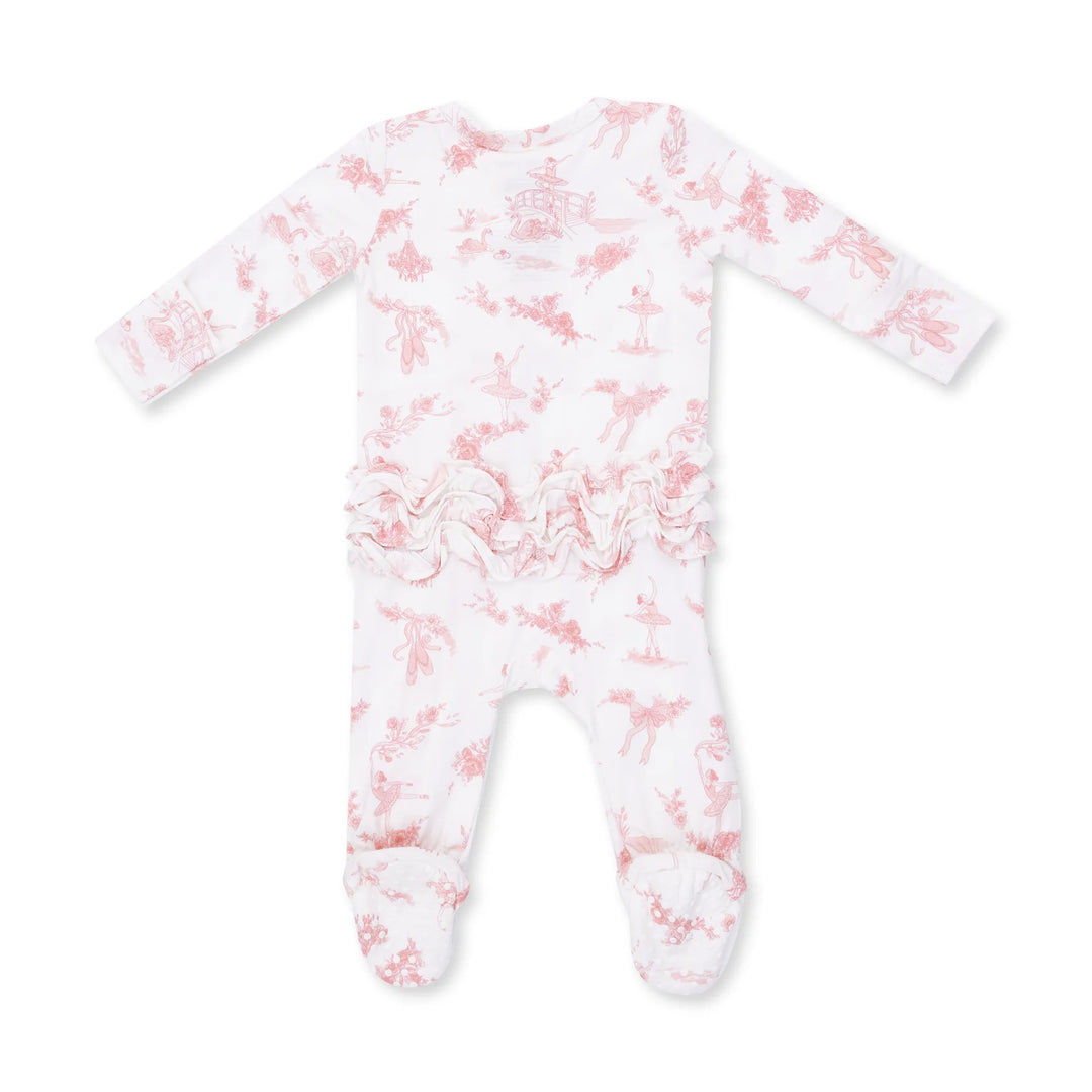 Angel Dear Ballet Toile 2-way Ruffle Back Zipper Footie alternate view of the baby footie showing the ballet toile 2-way design and coordinating trim